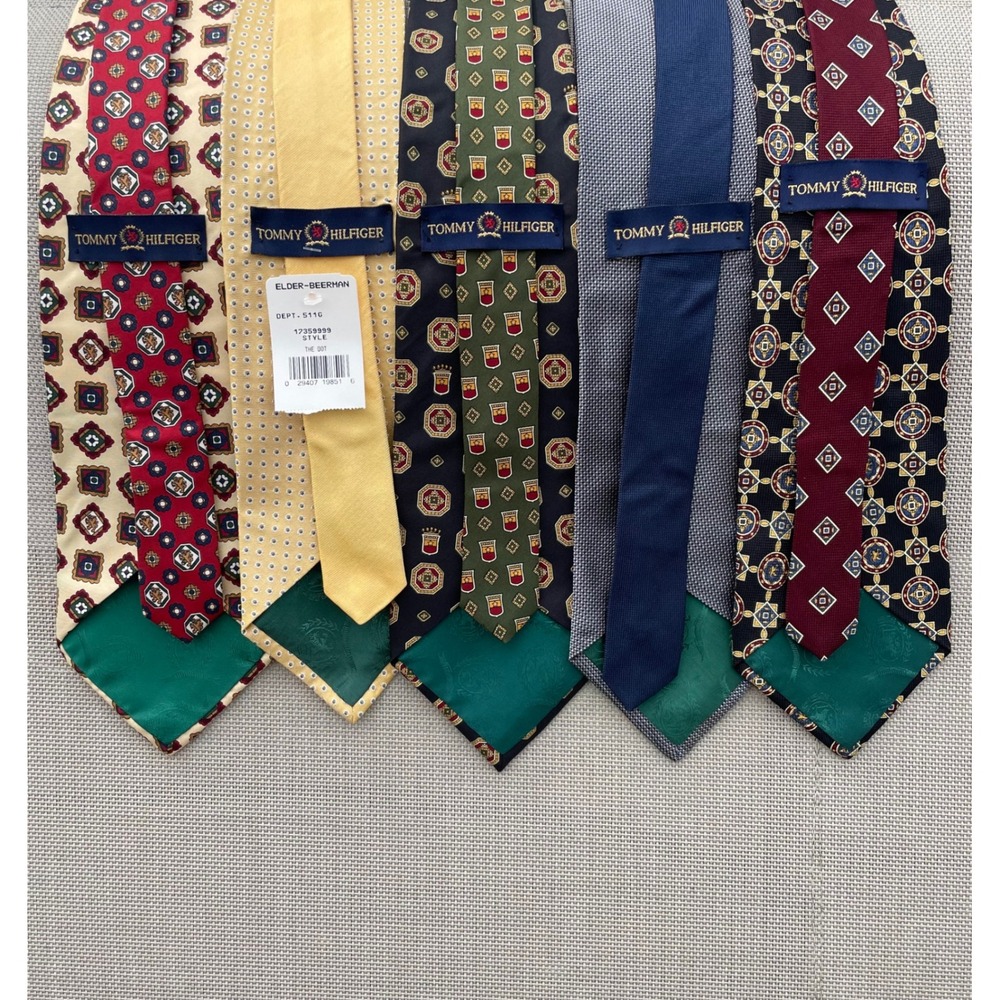 5 Tommy Hilfiger Vintage Silk Ties Lot Burgundy Navy Gold Geometric Crest Preppy